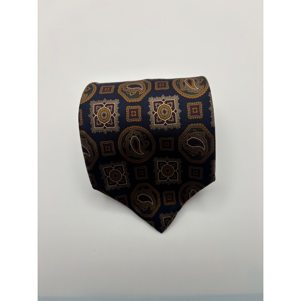 Rothmans Union Square Mens Silk Tie Navy Gold Paisley Medallion Handmade USA